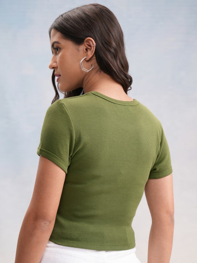 Disney By Tokyo Talkies Women Olive Mickey Mouse Embroidered Round Neck T-Shirt - Olive - Image 3