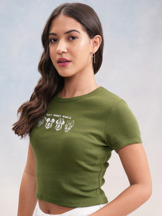Disney By Tokyo Talkies Women Olive Mickey Mouse Embroidered Round Neck T-Shirt - Olive - Image 4