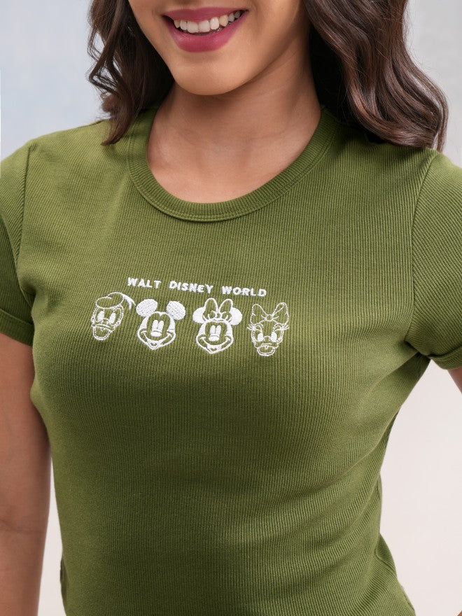 Disney By Tokyo Talkies Women Olive Mickey Mouse Embroidered Round Neck T-Shirt - Olive - Image 5