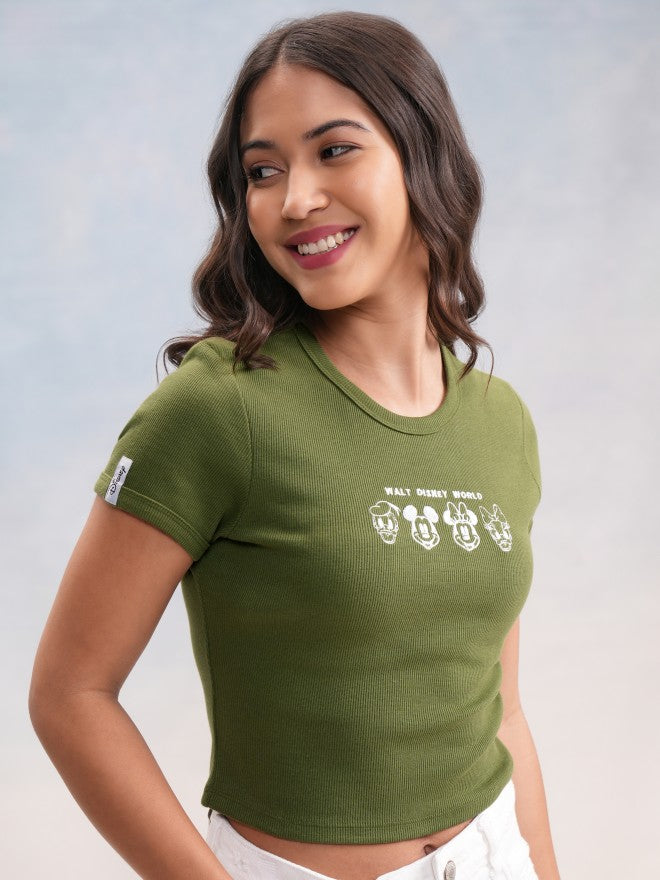 Disney By Tokyo Talkies Women Olive Mickey Mouse Embroidered Round Neck T-Shirt - Olive - Image 6