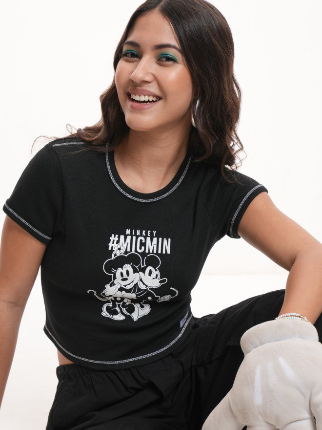 Disney By Tokyo Talkies Women Black Mickey Mouse Printed Round Neck T-Shirt - Black - Image 1