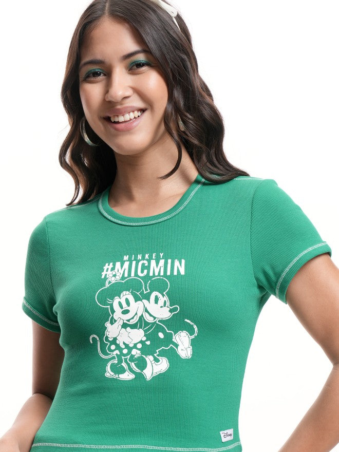 Disney By Tokyo Talkies Women Green Mickey Mouse Printed Round Neck T-Shirt - Green - Image 1