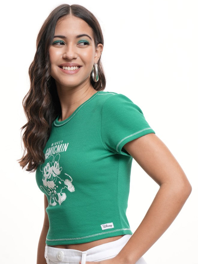 Disney By Tokyo Talkies Women Green Mickey Mouse Printed Round Neck T-Shirt - Green - Image 4