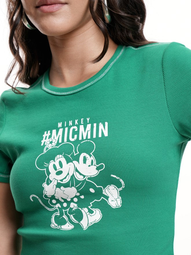 Disney By Tokyo Talkies Women Green Mickey Mouse Printed Round Neck T-Shirt - Green - Image 5