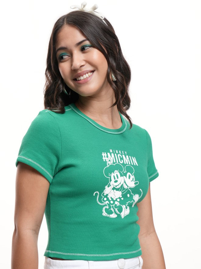 Disney By Tokyo Talkies Women Green Mickey Mouse Printed Round Neck T-Shirt - Green - Image 6