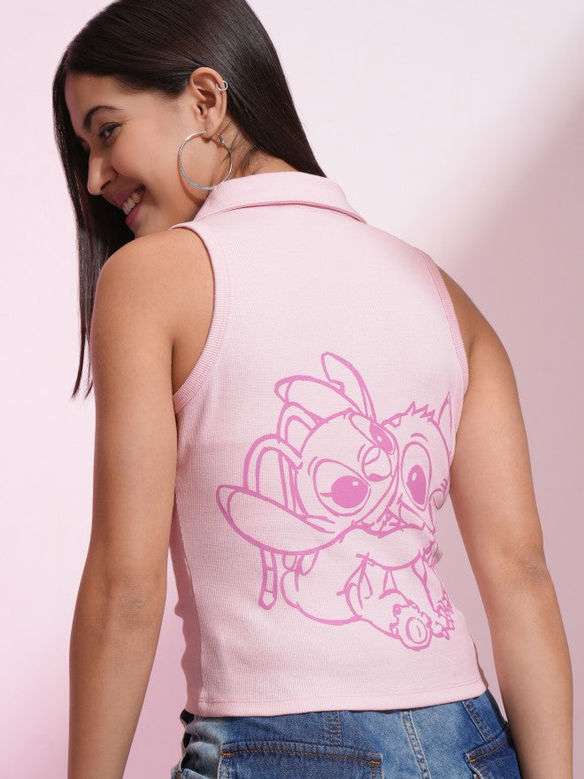 Disney By Tokyo Talkies Women Pink Angel And Stitch Printed Fitted Top - Pink - Image 1