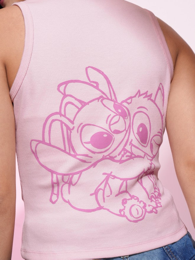 Disney By Tokyo Talkies Women Pink Angel And Stitch Printed Fitted Top - Pink - Image 7