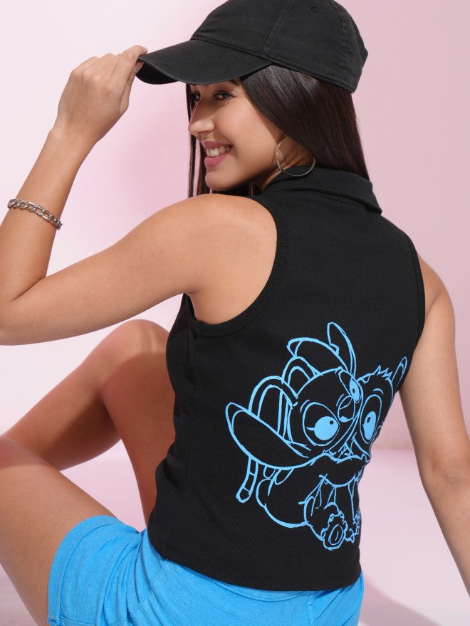Disney By Tokyo Talkies Women Black Angel And Stitch Printed Fitted Top - Black - Image 1