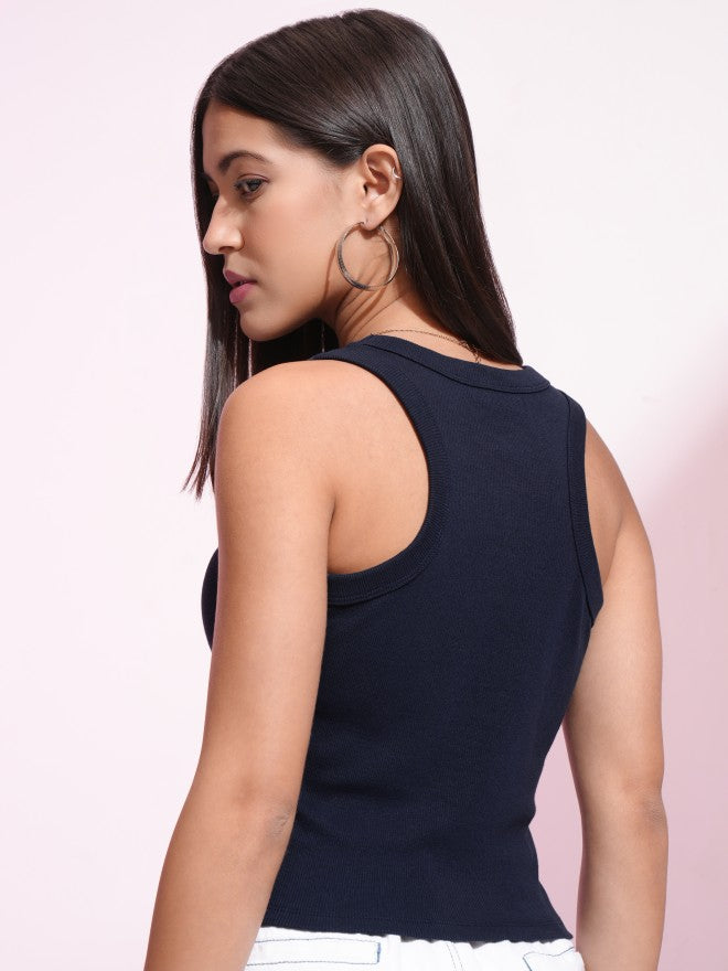 Disney By Tokyo Talkies Women Navy Blue Mickey Mouse Embroidered Fitted Top - Navy Blue - Image 3