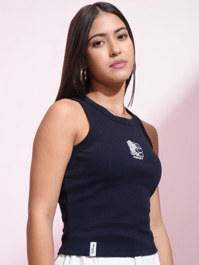 Disney By Tokyo Talkies Women Navy Blue Mickey Mouse Embroidered Fitted Top - Navy Blue - Image 6