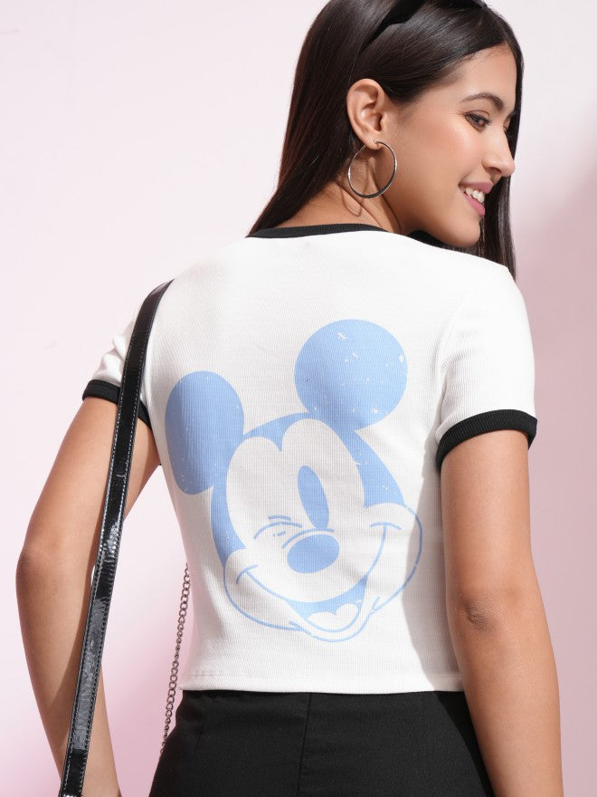 Disney By Tokyo Talkies Women White Mickey Mouse Embroidered Fitted Top - White - Image 1