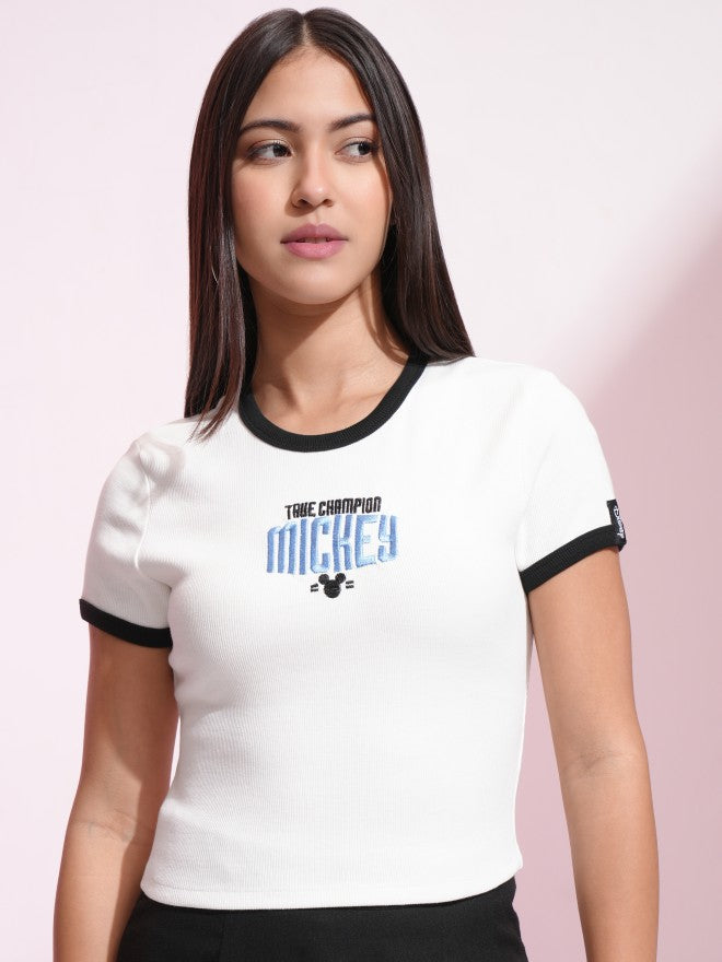 Disney By Tokyo Talkies Women White Mickey Mouse Embroidered Fitted Top - White - Image 3