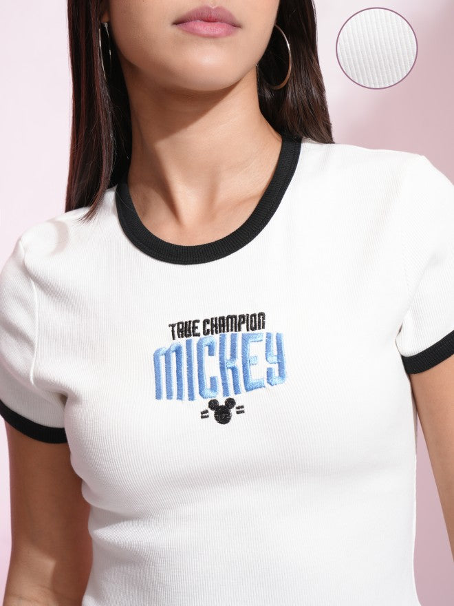 Disney By Tokyo Talkies Women White Mickey Mouse Embroidered Fitted Top - White - Image 5