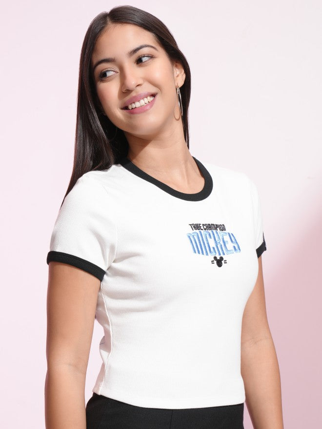 Disney By Tokyo Talkies Women White Mickey Mouse Embroidered Fitted Top - White - Image 6