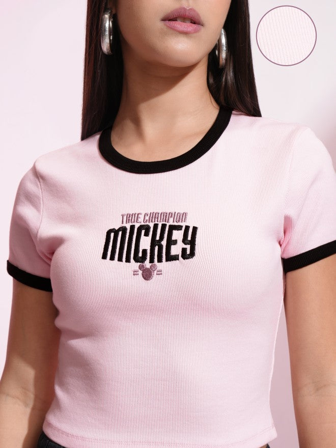 Disney By Tokyo Talkies Women Pink Mickey Mouse Embroidered Fitted Top - Pink - Image 5