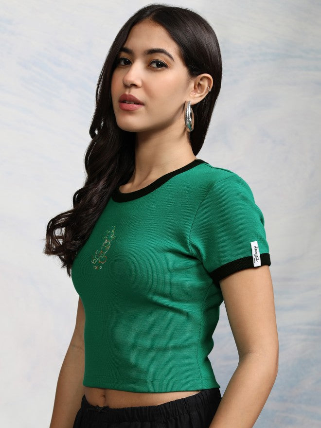 Disney By Tokyo Talkies Women Green Mickey Mouse Embroidered Fitted Top - Green - Image 4