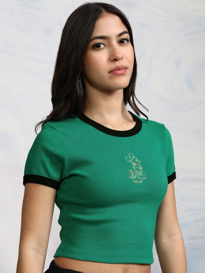 Disney By Tokyo Talkies Women Green Mickey Mouse Embroidered Fitted Top - Green - Image 6