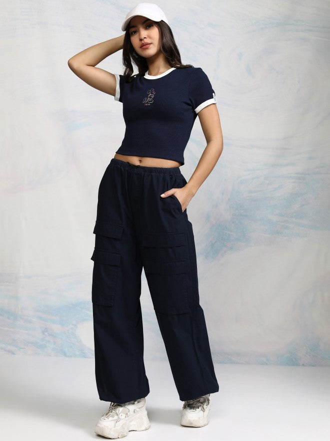 Disney By Tokyo Talkies Women Navy Blue Mickey Mouse Embroidered Fitted Top - Navy Blue - Image 2