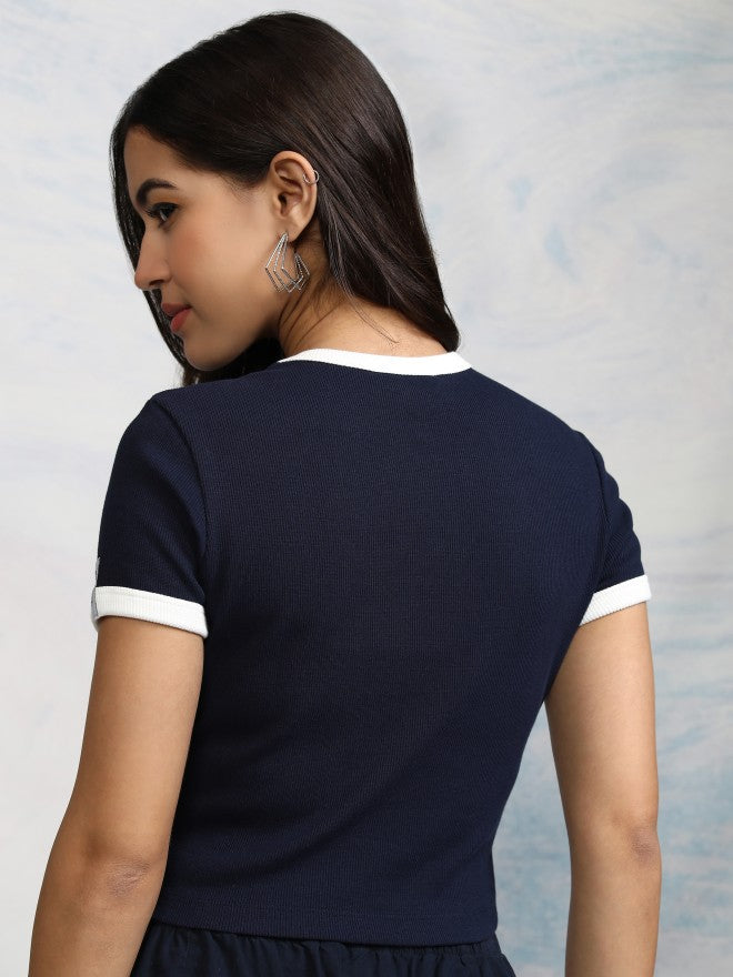 Disney By Tokyo Talkies Women Navy Blue Mickey Mouse Embroidered Fitted Top - Navy Blue - Image 3