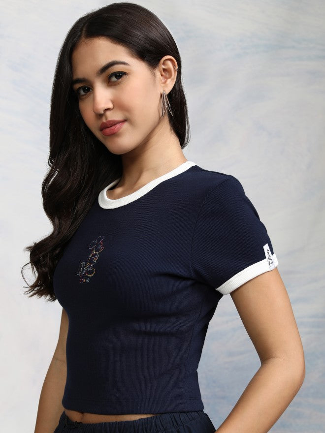 Disney By Tokyo Talkies Women Navy Blue Mickey Mouse Embroidered Fitted Top - Navy Blue - Image 4