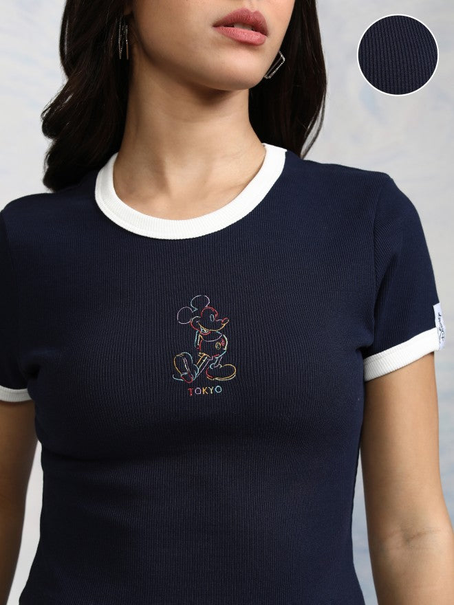 Disney By Tokyo Talkies Women Navy Blue Mickey Mouse Embroidered Fitted Top - Navy Blue - Image 5