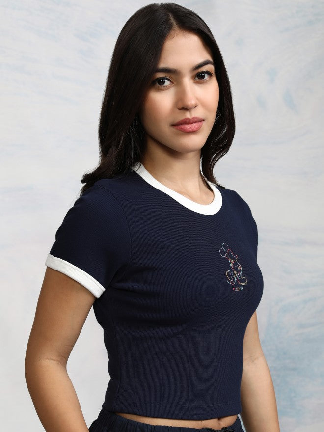 Disney By Tokyo Talkies Women Navy Blue Mickey Mouse Embroidered Fitted Top - Navy Blue - Image 6