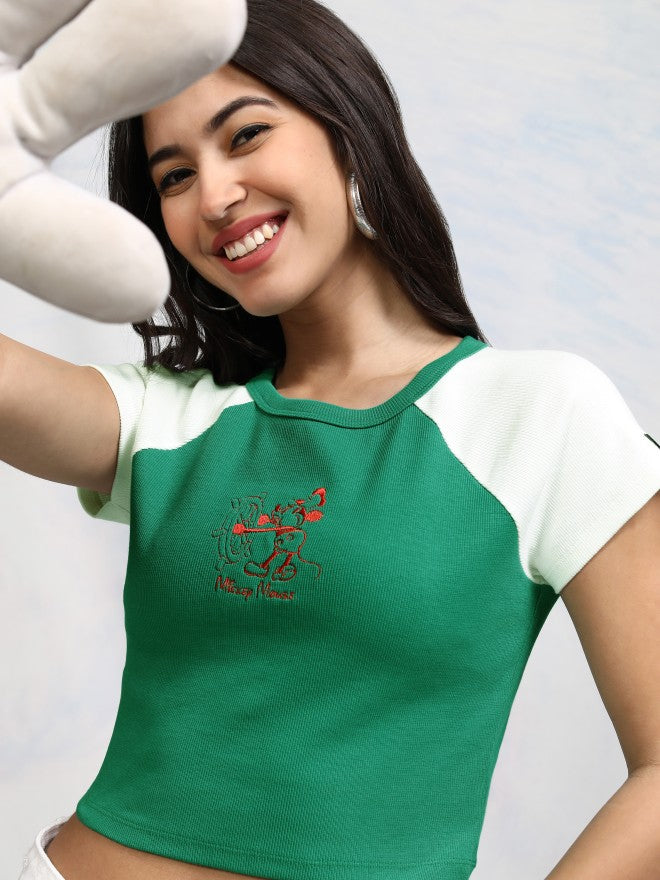 Disney By Tokyo Talkies Women Green Mickey Mouse Embroidered Fitted Top - Green - Image 1