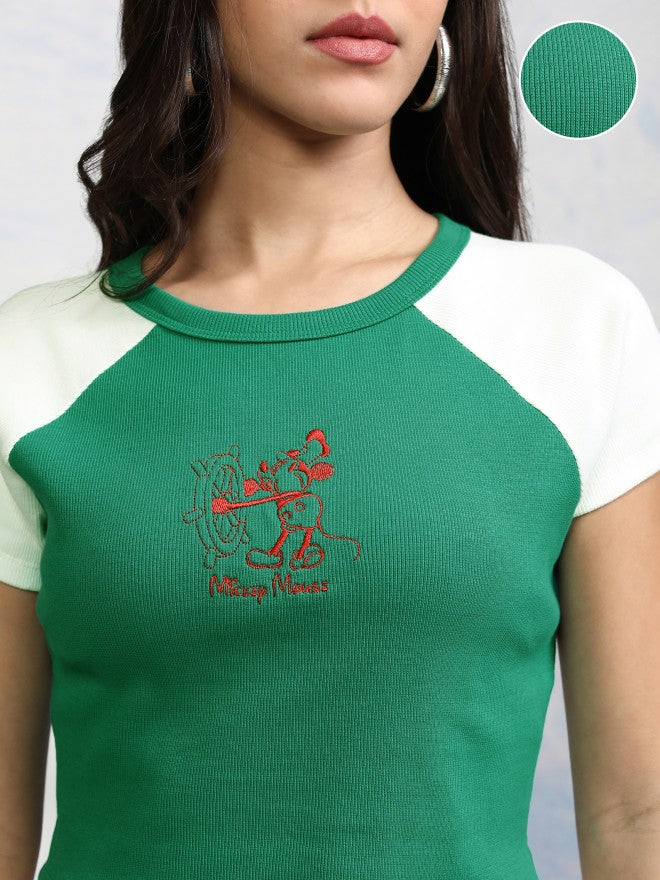 Disney By Tokyo Talkies Women Green Mickey Mouse Embroidered Fitted Top - Green - Image 5