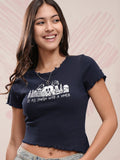 Disney By Tokyo Talkies Women Navy Blue Mickey Mouse Printed Fitted Top - Navy Blue - Image 1