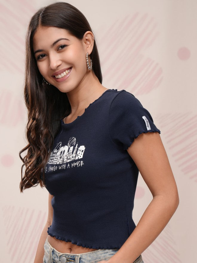 Disney By Tokyo Talkies Women Navy Blue Mickey Mouse Printed Fitted Top - Navy Blue - Image 4