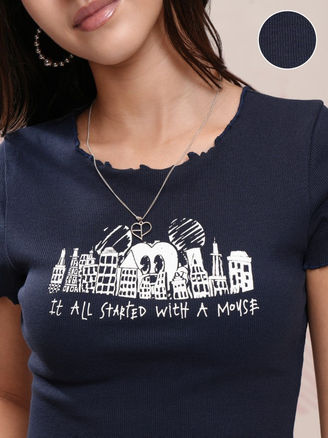 Disney By Tokyo Talkies Women Navy Blue Mickey Mouse Printed Fitted Top - Navy Blue - Image 5