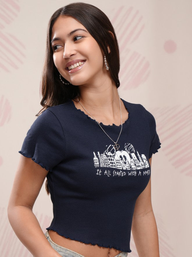 Disney By Tokyo Talkies Women Navy Blue Mickey Mouse Printed Fitted Top - Navy Blue - Image 6
