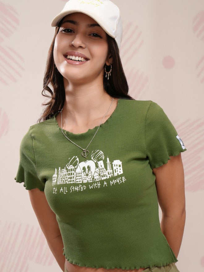Disney By Tokyo Talkies Women Olive Mickey Mouse Printed Fitted Top - Olive - Image 1