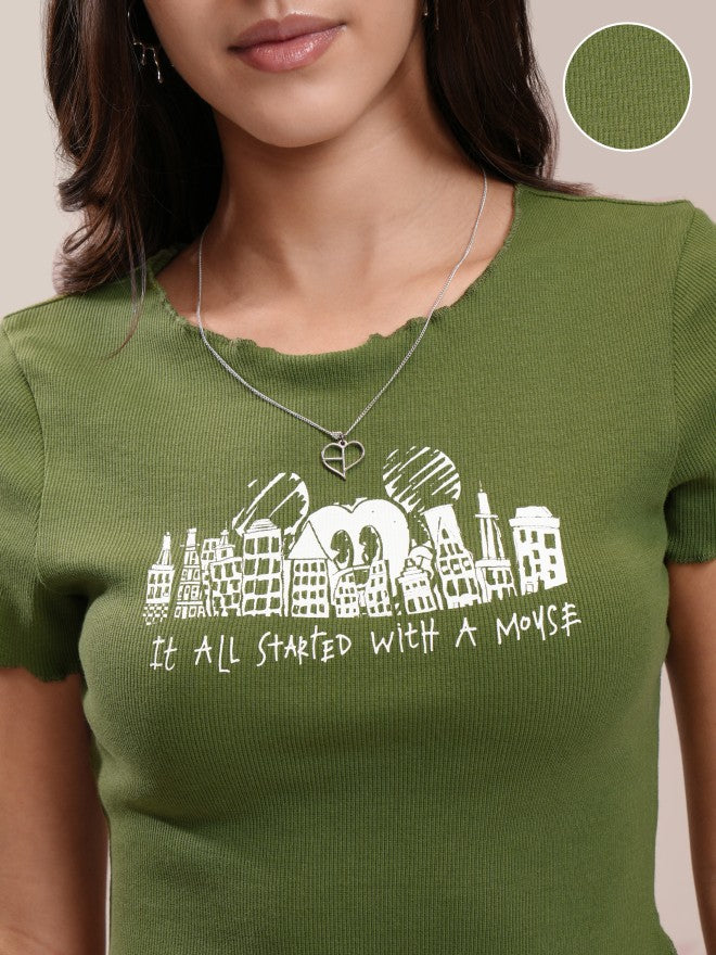 Disney By Tokyo Talkies Women Olive Mickey Mouse Printed Fitted Top - Olive - Image 5