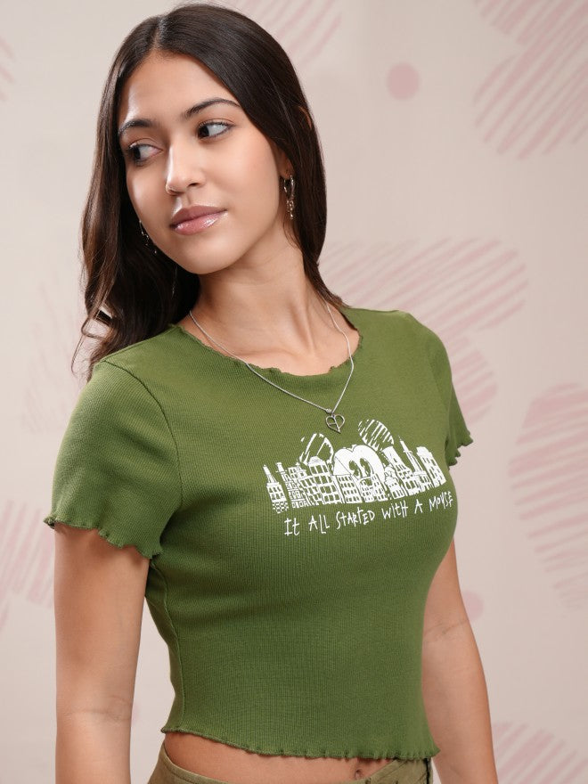 Disney By Tokyo Talkies Women Olive Mickey Mouse Printed Fitted Top - Olive - Image 6