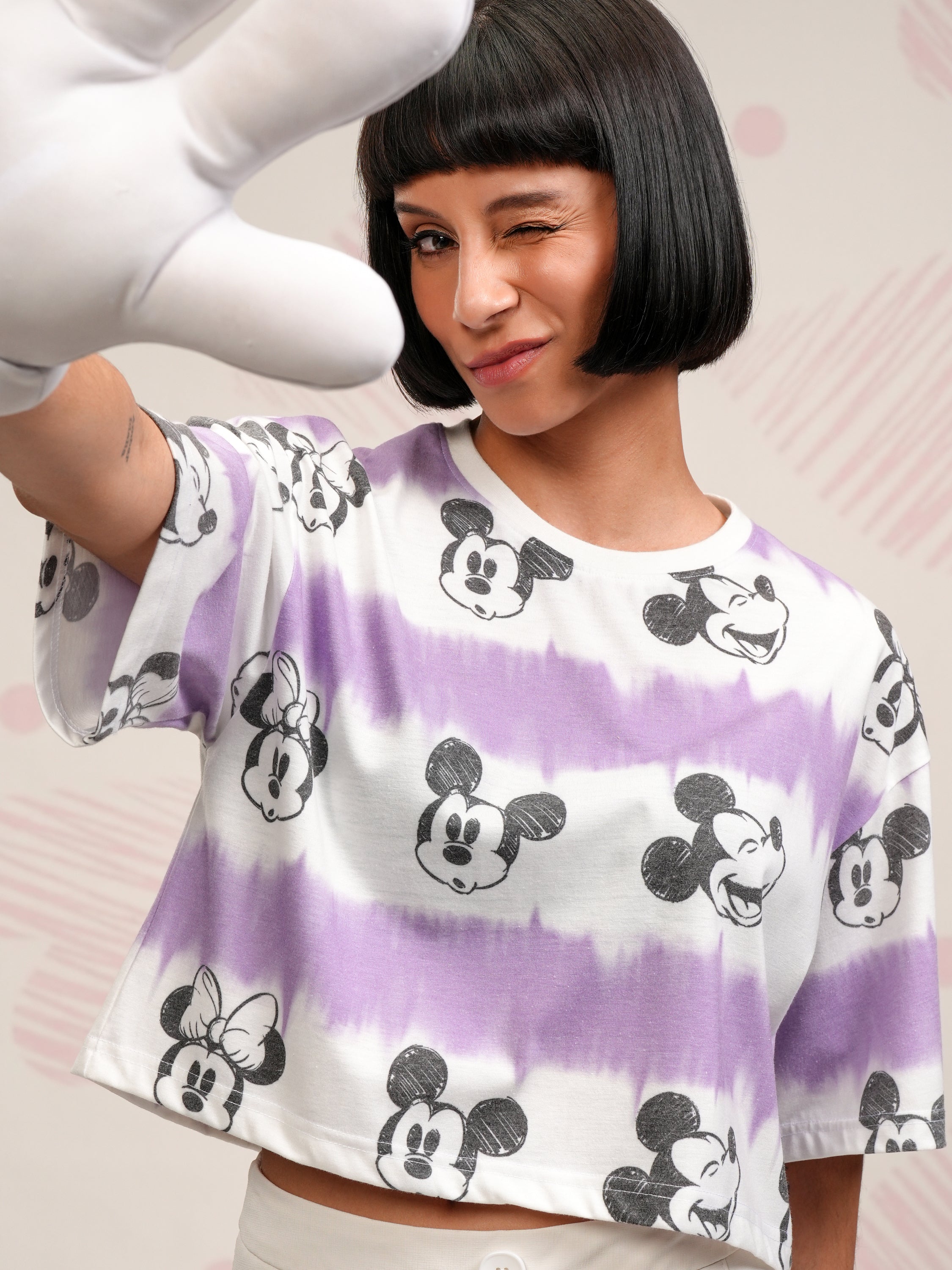 Disney By Tokyo Talkies Women Lavender Mickey Mouse Printed Boxy Top - Lavender - Image 1