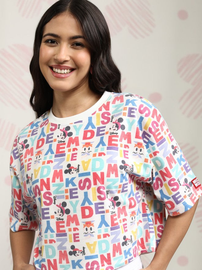 Disney By Tokyo Talkies Women White Mickey Mouse Printed Round Neck T-Shirt - White - Image 1