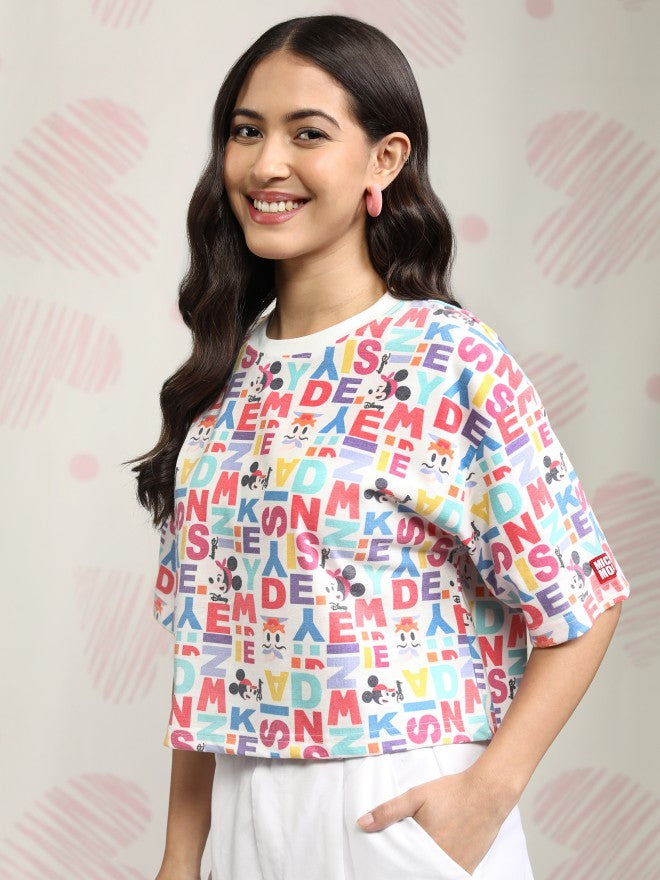 Disney By Tokyo Talkies Women White Mickey Mouse Printed Round Neck T-Shirt - White - Image 4