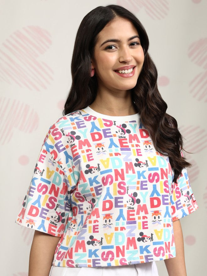 Disney By Tokyo Talkies Women White Mickey Mouse Printed Round Neck T-Shirt - White - Image 6
