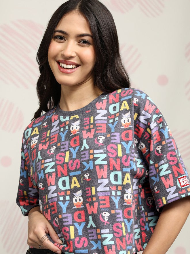 Disney By Tokyo Talkies Women Black Mickey Mouse Printed Round Neck T-Shirt - Black - Image 1