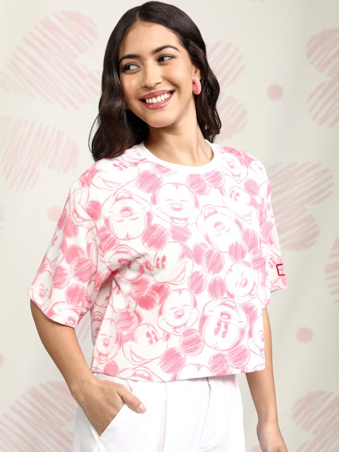 Disney By Tokyo Talkies Women Pink Mickey Mouse Printed Round Neck T-Shirt - Pink - Image 6
