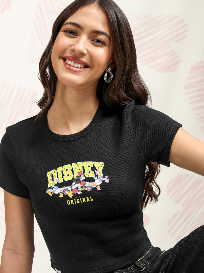 Disney By Tokyo Talkies Women Black Mickey And Friends Printed Round Neck T-Shirt - Black - Image 1