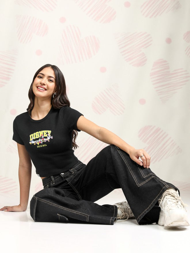 Disney By Tokyo Talkies Women Black Mickey And Friends Printed Round Neck T-Shirt - Black - Image 2