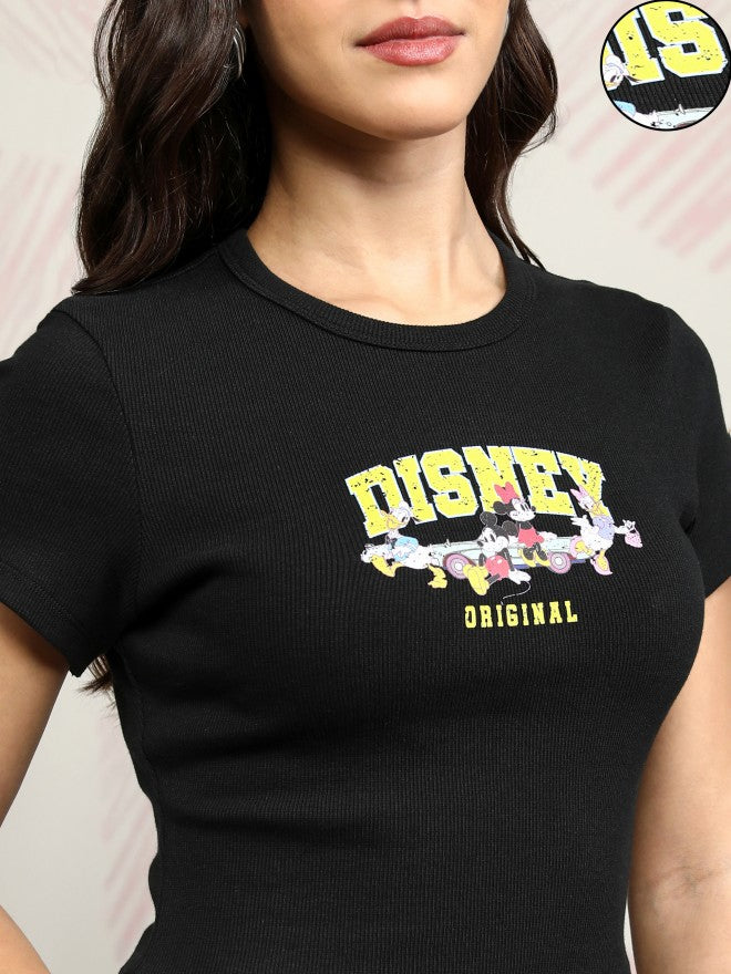 Disney By Tokyo Talkies Women Black Mickey And Friends Printed Round Neck T-Shirt - Black - Image 5