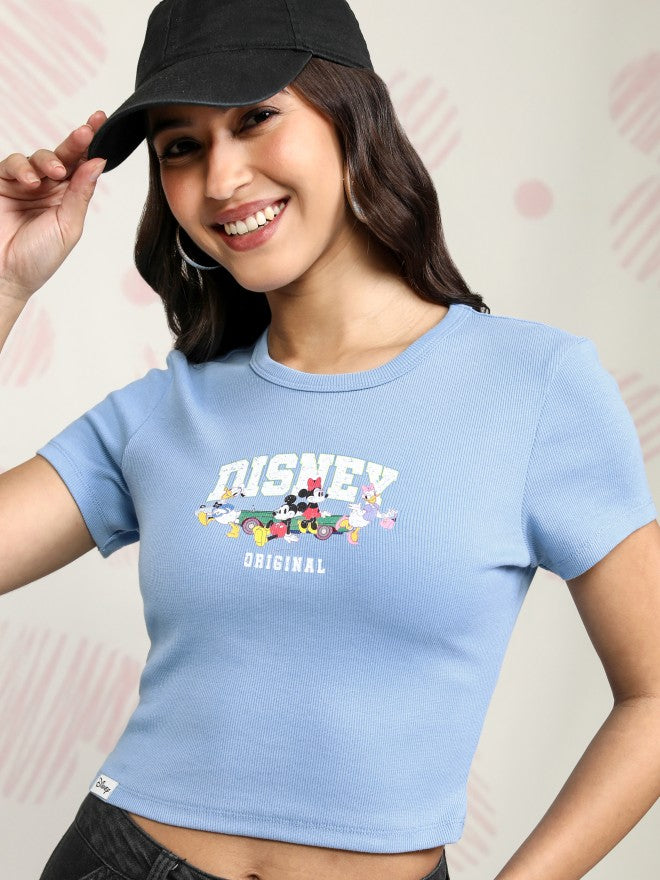Disney By Tokyo Talkies Women Blue Mickey And Friends Printed Round Neck T-Shirt - Blue - Image 1