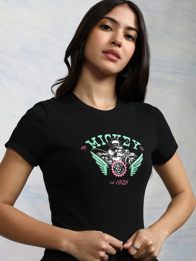 Disney By Tokyo Talkies Women Black Mickey Mouse Printed Round Neck T-Shirt - Black - Image 1