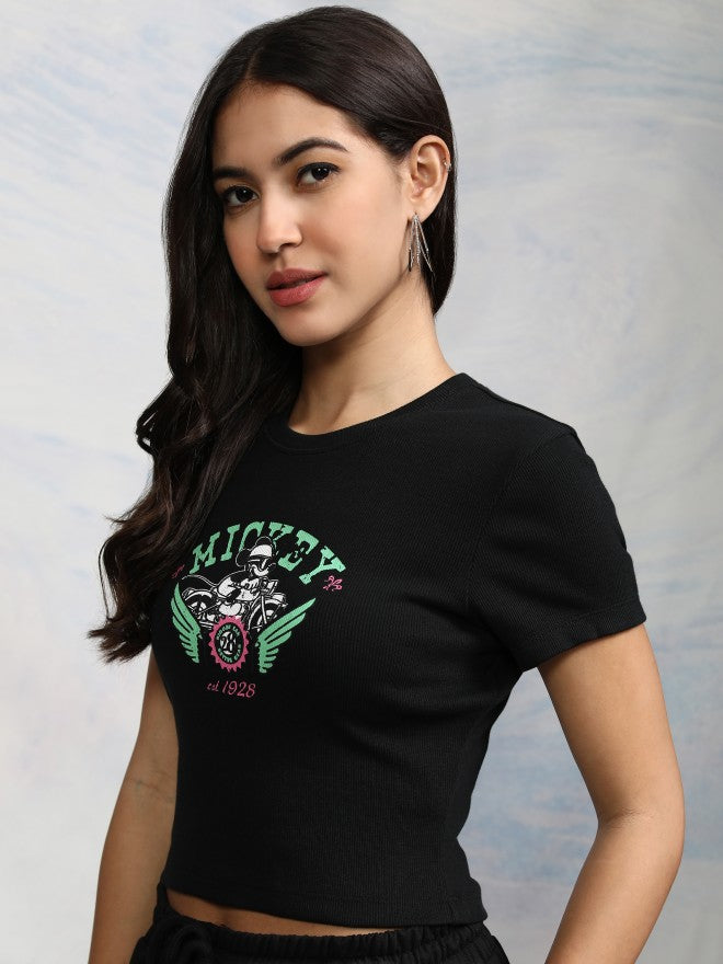 Disney By Tokyo Talkies Women Black Mickey Mouse Printed Round Neck T-Shirt - Black - Image 4