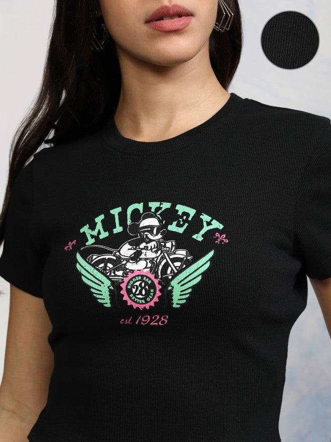 Disney By Tokyo Talkies Women Black Mickey Mouse Printed Round Neck T-Shirt - Black - Image 5