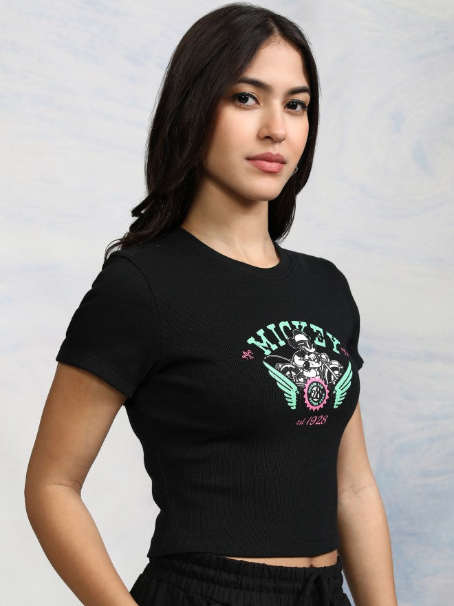 Disney By Tokyo Talkies Women Black Mickey Mouse Printed Round Neck T-Shirt - Black - Image 6