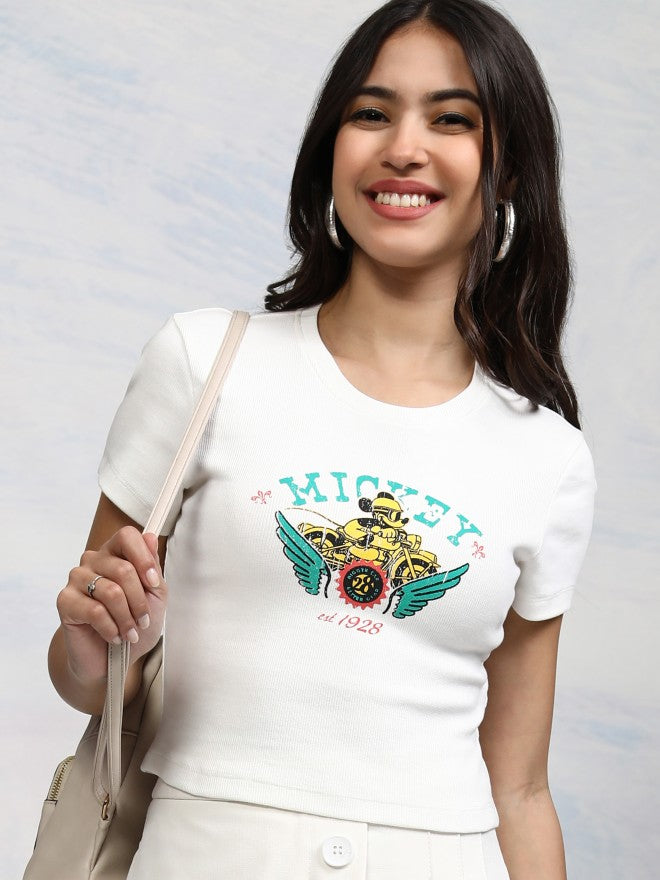 Disney By Tokyo Talkies Women White Mickey Mouse Printed Round Neck T-Shirt - White - Image 1